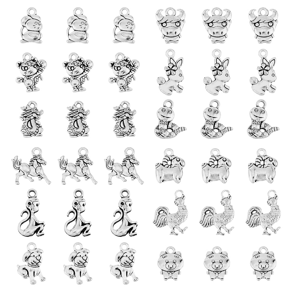 SUPERFINDINGS 96Pcs 12 Styles Tibetan Style Alloy Pendants 12 Chinese Zodiac Signs Charms Animal Theme Metal Pendants for Necklace Earring Bracelets Jewelry Making, Hole: 1.6~2mm