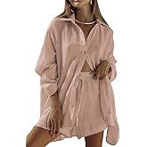 Fixmatti Women 2 Piece Outfits Long Sleeve Button Down Blouse and Shorts Sweatsuit Sets