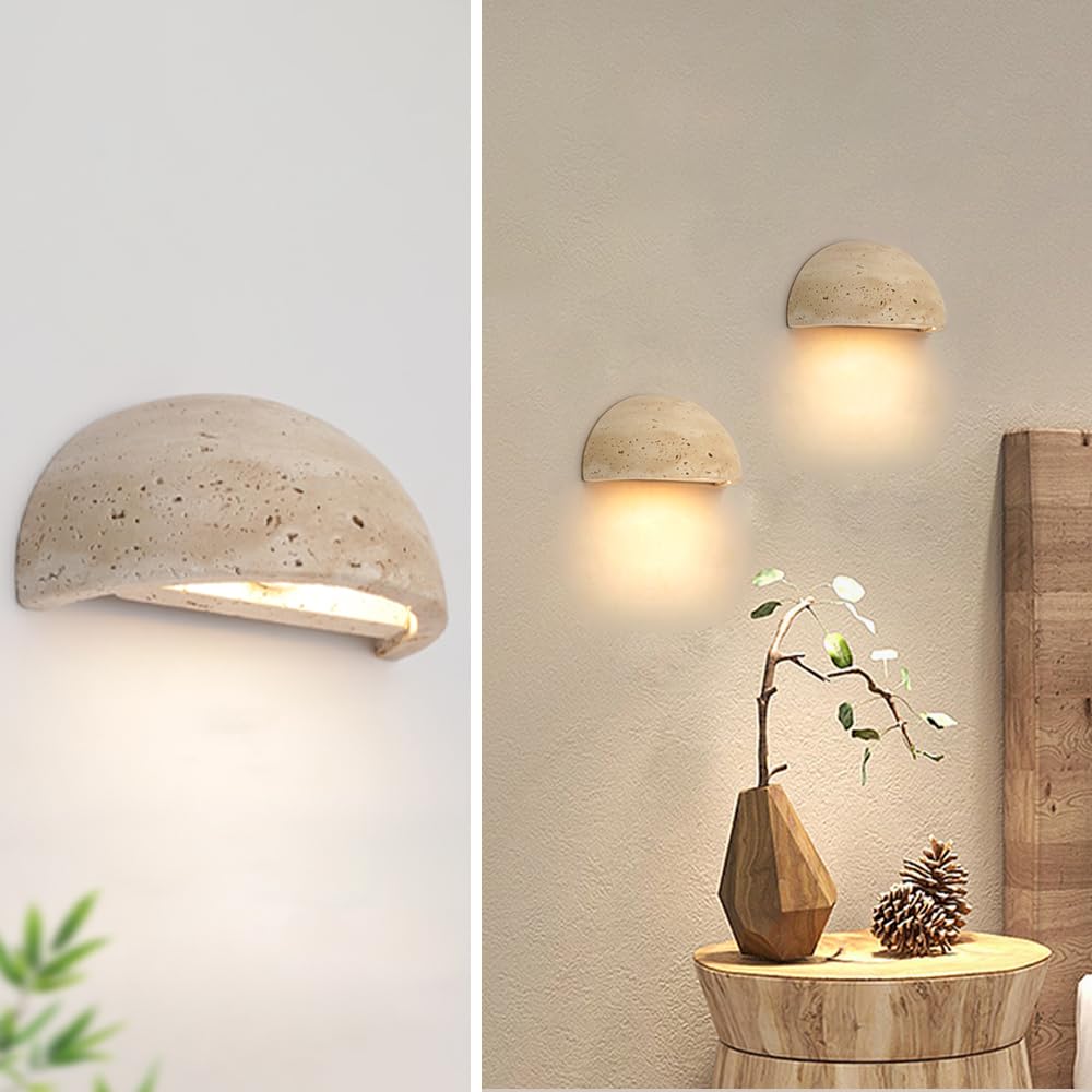 Photo 1 of WOSBO Yellow Travertine Wall Sconce, 5.9" Wabi Sabi Light Fixture with Half Moon Natural Stone Lampshade, Japanese Style Marble Wall Sconce for Bedroom Living Room Kitchen Farmhouse Hallway Entryway