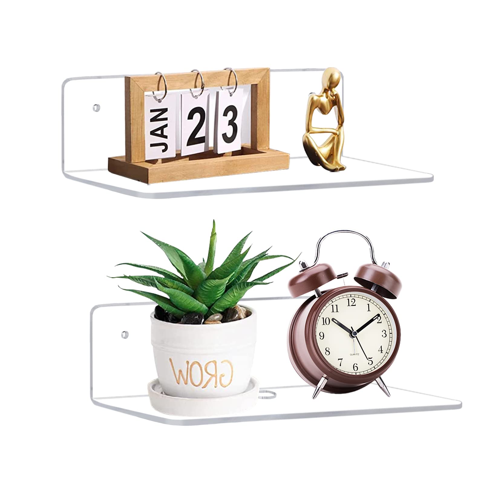 Photo 1 of ***PARTIAL SET - PRICE ADJUSTED*** luium 9 Inch Clear Acrylic Floating Shelf, No Drill Adhesive Wall Shelf Set of 2 for Storage, Floating Shelves Damage-Free Expand Wall Space for Living Room, Office, Gaming Room, Bathroom