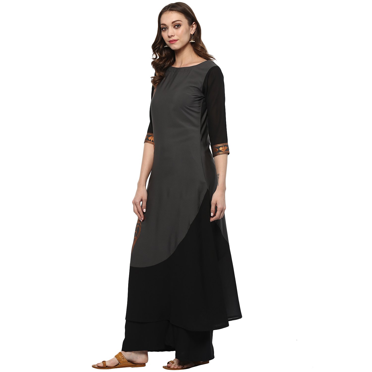 ziyaa women's grey colour flared crepe kurta & palazzo set