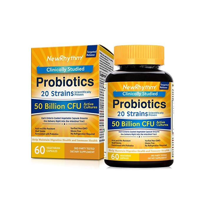 NewRhythm Probiotics 50 Billion CFU 20 Strains, 60 Veggie Capsules, Targeted Release Technology, Stomach Acid Resistant…