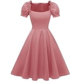 Hanpceirs Women's Puff Short Sleeve 1950s Party Dresses Square Neck Aline Dress with Pockets