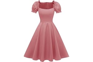 Hanpceirs Women's Puff Short Sleeve 1950s Party Dresses Square Neck Aline Dress with Pockets