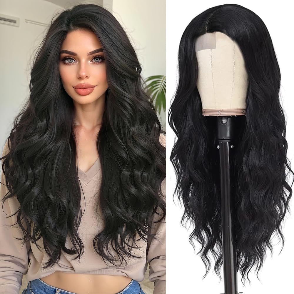 Esmee Long Wavy Black Wig for Women Natural Synthetic Middle Part Lace Wigs for Daily Party Use — image 1