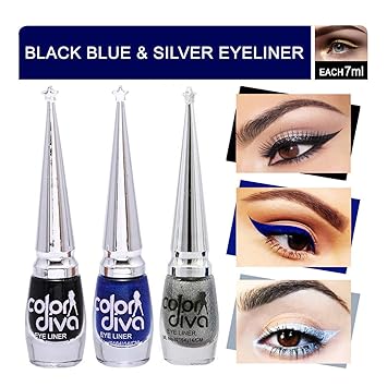Color Diva Black, Silver, Blue Eyeliner Pack of 3