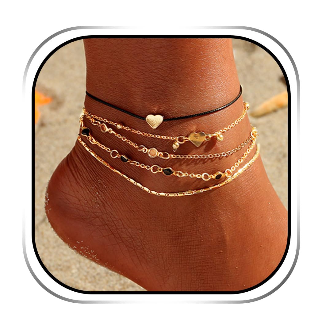 Handcess Boho Multi-Layer Anklet Gold Heart Ankle Bracelets Layered Beads Foot Chain Jewelry for Women and Girls(Pack of 5)