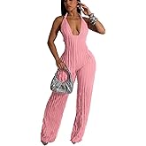 Adogirl Summer Sexy Halter Jumpsuits for Women V Neck Tie Knot Pleated Boho One Piece Wide Leg Long Pants Jumpsuit Romper