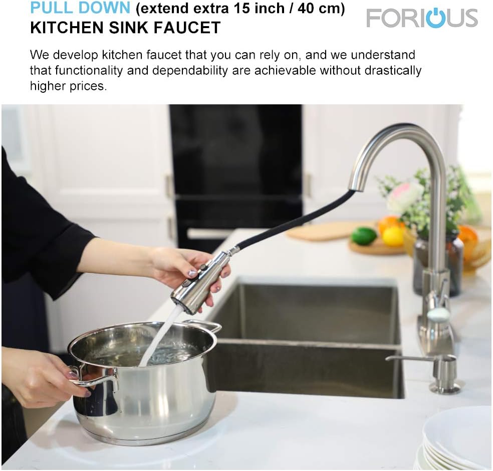 FORIOUS Kitchen Faucet with Pull Down Sprayer Brushed Nickel, High Arc Single Handle Kitchen Sink Faucet with Deck Plate, Commercial Modern rv Stainless Steel Kitchen Faucets, Grifos De Cocina - - 