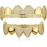 YOSZO 18K Gold Plated Vampire Fangs Teeth Caps Iced Out CZ Top and Bottom Vampire Fangs Grillz for men women with Extra Molding Bars Included