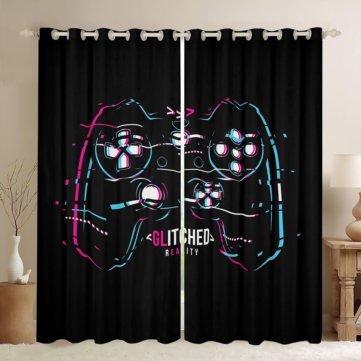 Tbrand Gamer Curtains Boys Video Game Gamepad Curtains for Bedroom Living Room Kids Teens Black Game Controller Windows Drapes Console Games Room Decoration Decor,W46*L54