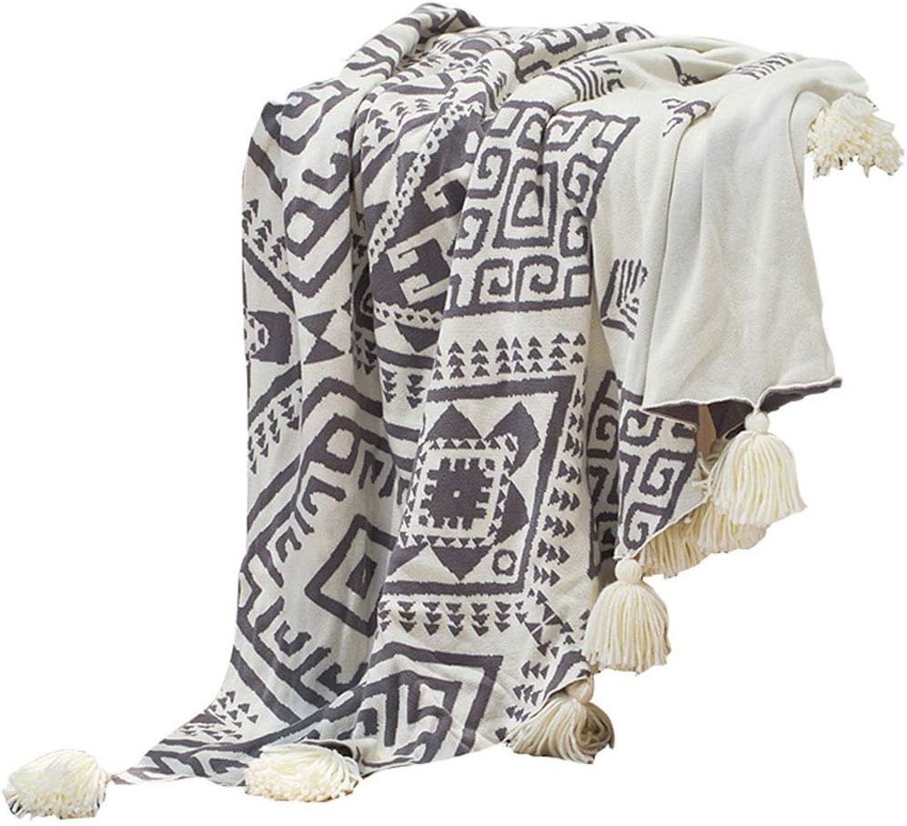 Geometric Patterns Cotton Soft Cable Knitted Throw Blanket with Pom Poms,Nap Blanket for Couch Chair And Bedroom, 51 X 71 Inch,white/grey