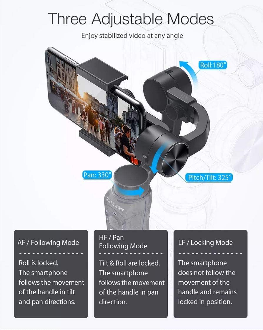 BlitzWolf BW-BS14 Bluetooth 3-Axis Gimbal Stabilizer with Three Adjustable Modes for Mobile Phones - Black