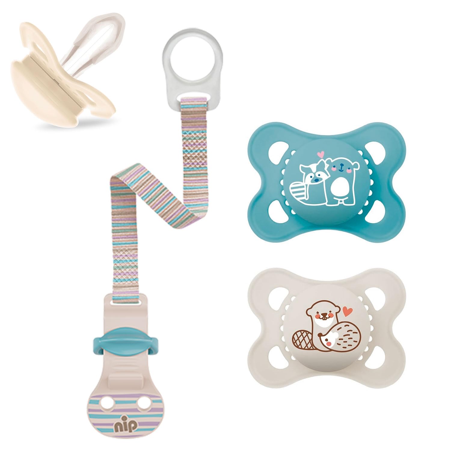 MAM Silicone Original Dummy 0-6 Months Boy - Set of 2 - Includes Sterilising transport box and NIP dummy strap.