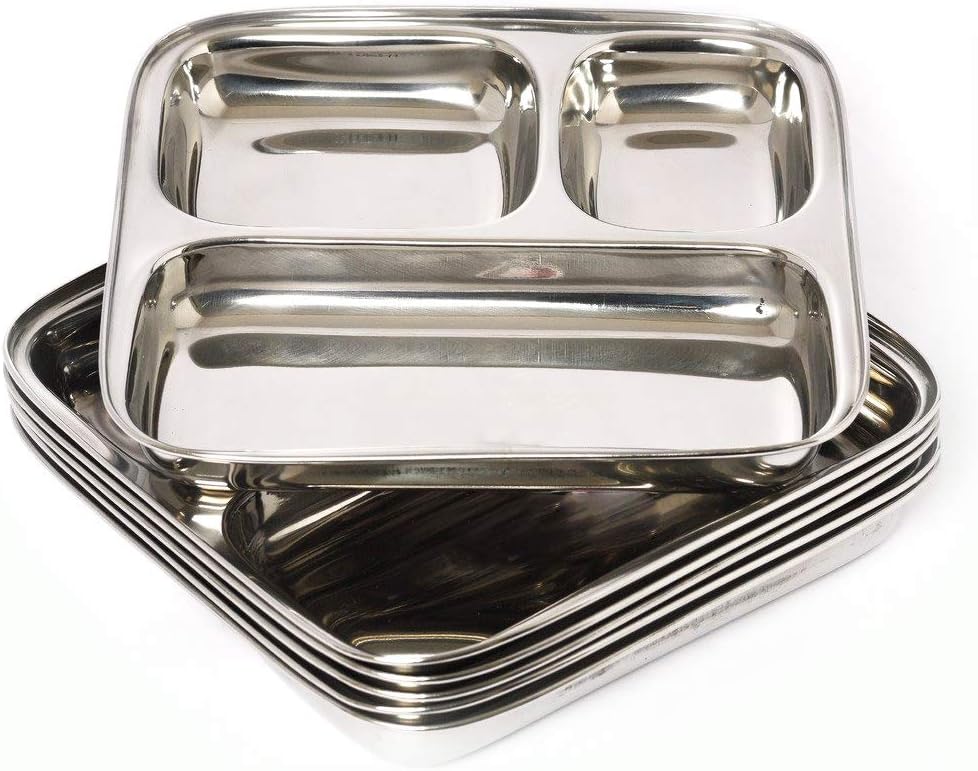 Set Of 4 steel 3 compartment plate Square Plate for Lunch/Dinner Thali, Mess Tray, Serving Steel Plate, Everyday Use For Kids/Adults Camping Outdoor Plate