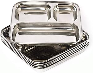 Set Of 4 steel 3 compartment plate Square Plate for Lunch/Dinner Thali, Mess Tray, Serving Steel Plate, Everyday Use For Kids/Adults Camping Outdoor Plate