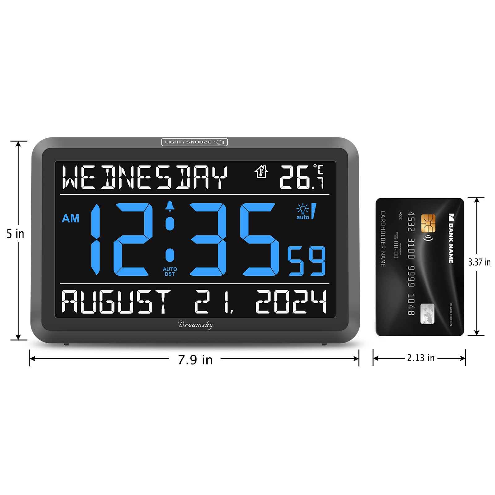 DreamSky Large Digital Clock with Date and Day of Week - Electric Desk Clock for Seniors Elderly, Bedroom Alarm Clock with Battery Backup, Dimmer, USB Port, Auto DST, Temperature, Adjustable Volume