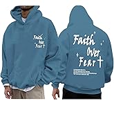 Lubpow Christian Faith Over Fear Hoodie for Men Inspirational Religious Jesus Sweatshirt Vintage Bible Verse Graphic Pullover