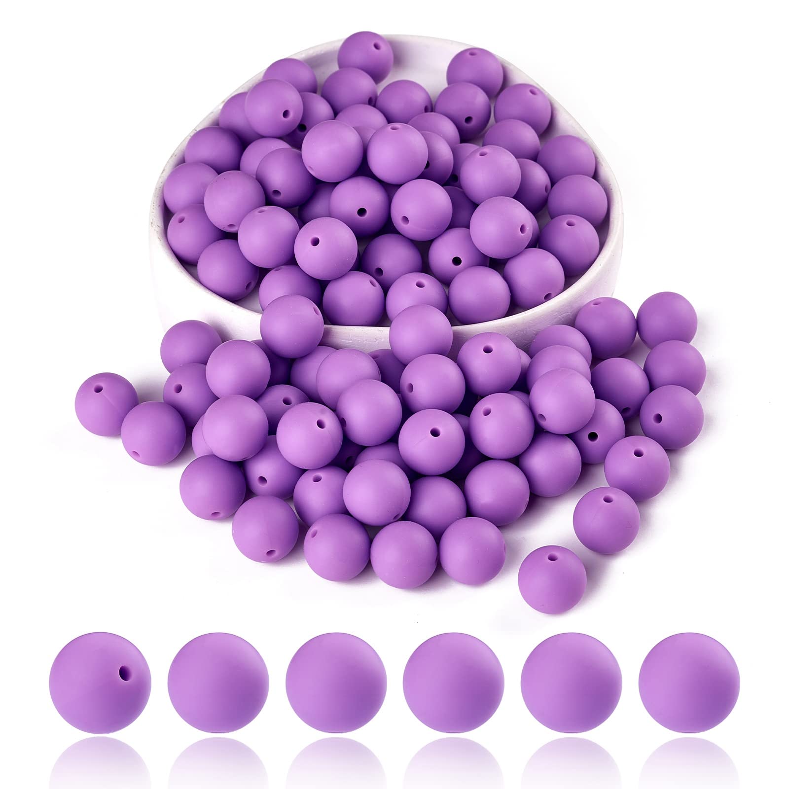 BEEFLYING 100 Pieces Silicone Beads 15mm Round Rubber Focal Bead Loose Spacer Beads for Keychain Making, Pen Bracelet Necklace Jewelry DIY Craft (Medium Purple) — image 1