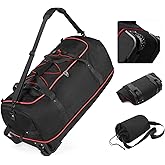 Vomgomfom 32" Soft-Sided Foldable Wheeled Travel Duffel Bag,Expandable 110L to 140L Rolling Cargo Bag with 2 Wheels and Multiple Pockets,Black-red