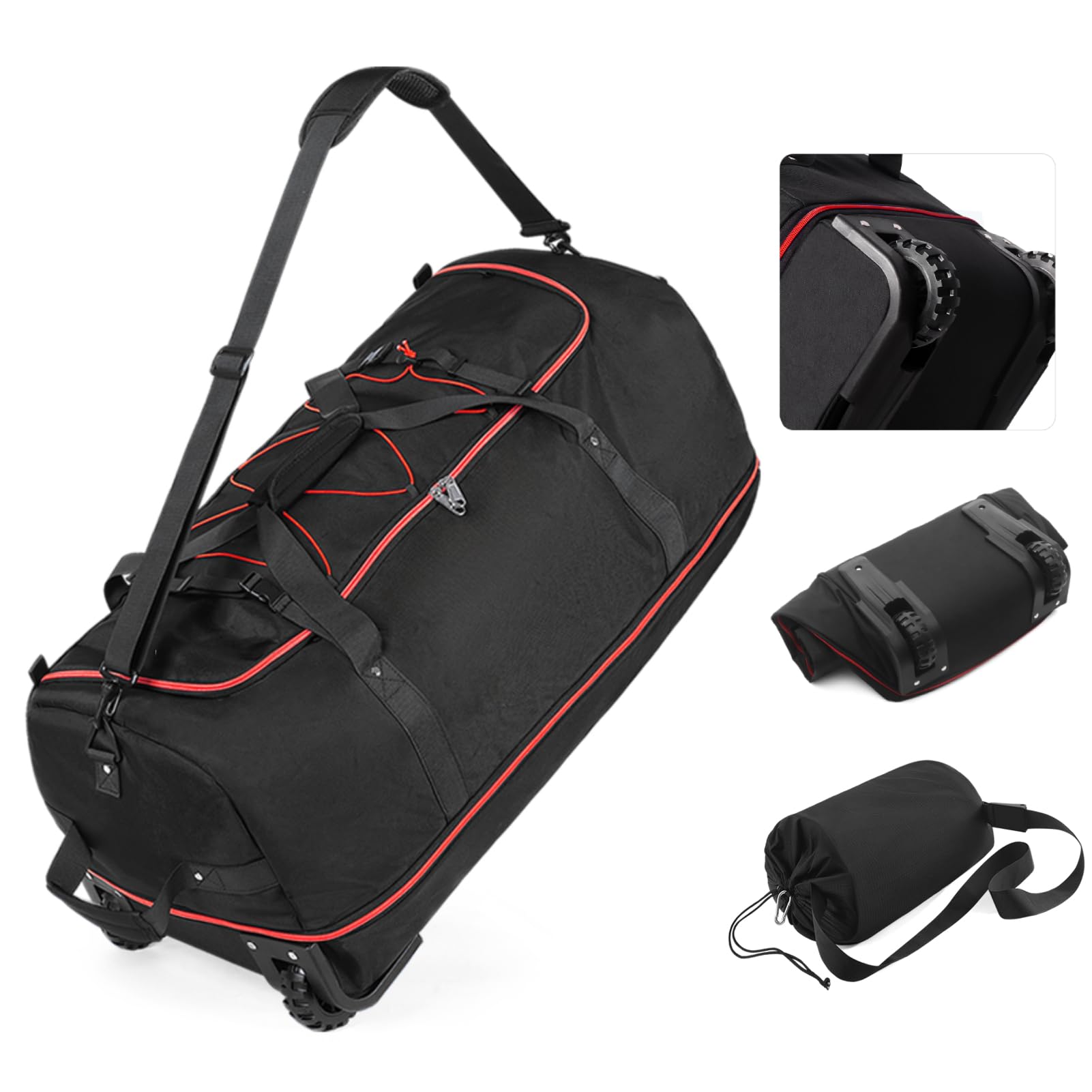 Photo 1 of Vomgomfom 32" Soft-Sided Foldable Wheeled Travel Duffel Bag,Expandable 110L to 140L Rolling Cargo Bag with 2 Wheels and Multiple Pockets,Black-red