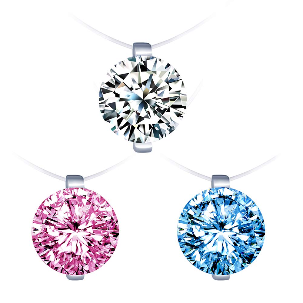 3Pcs Transparent Fishing Line Necklace Solitaire Dazzling Zircon Clear Pink Blue Choker Necklace for Sisters BBF