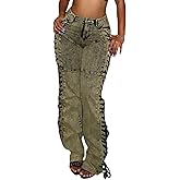 Women Straight Leg Jeans Casual Y2k High Waisted Lace UP Split Hem Jeans Slim Fit Trendy Denim Pants