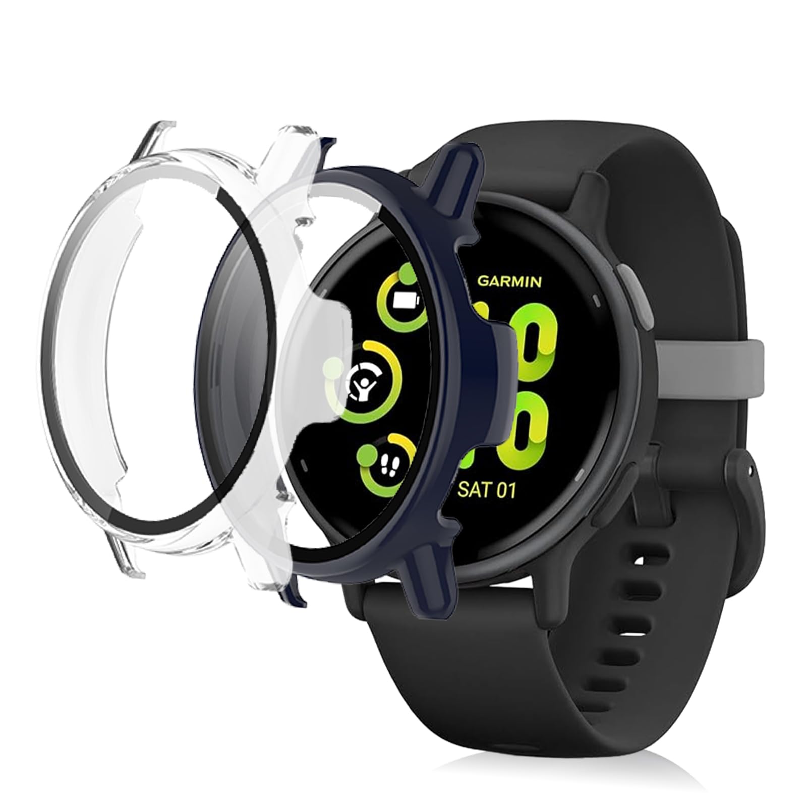 [2Pack] Case for Garmin Vivoactive 5 Tempered Glass Screen Protector，PC Hard Case Tempered Glass Screen Protection Cover Slim Full Cover Scratch Proof Protector，Blue+Transparent