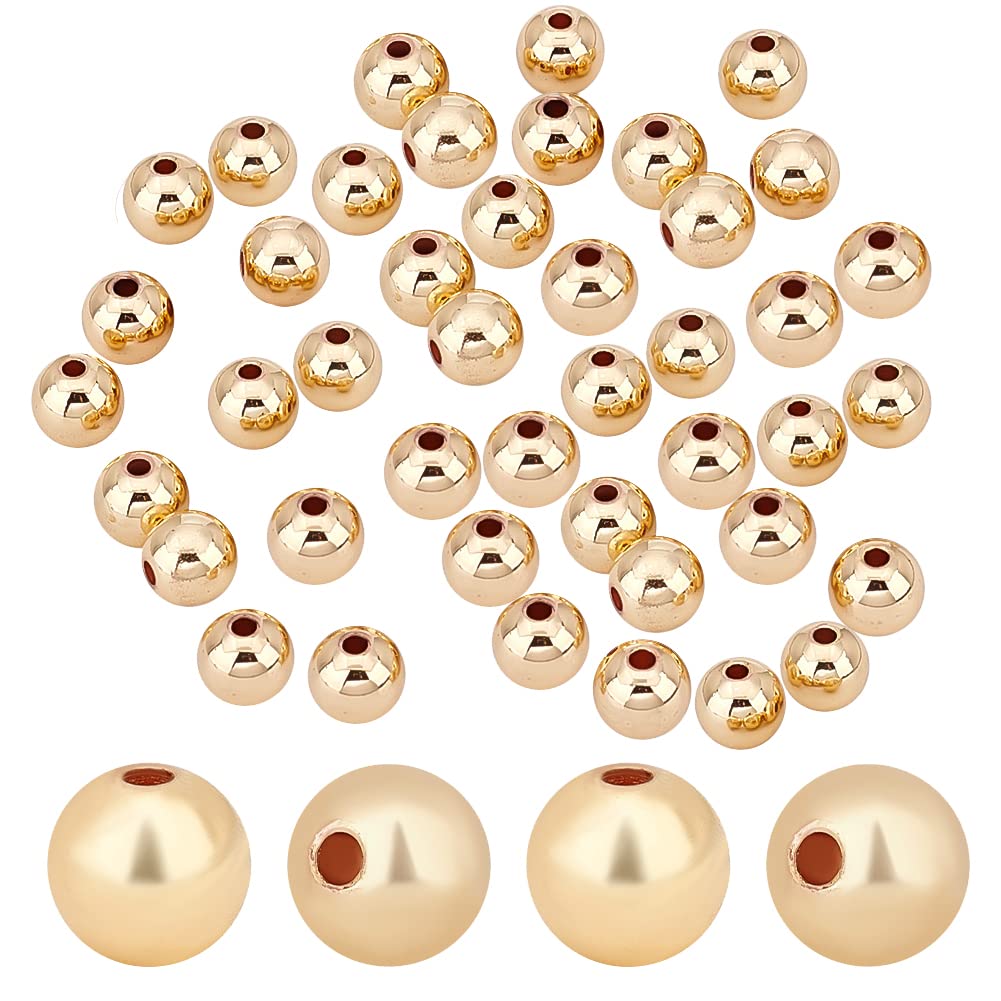 PH PandaHall 60pcs 14K Gold Plated Beads 8mm Smooth Beads Long-Lasting Round Spacer Beads Seamless Loose Ball Beads Gold Metal Beads for Summer Hawaii Stackable Necklace, Bracelet, Earring Making
