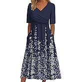 BEYINCUTE Women Summer Dresses Blue Striped 3/4 Sleeve Midi Dress with Side Pockets Casual Pleated Round Neck Dress