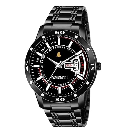 Golden Bell Original Day and Date Multifunction Black Dial Black Steel Chain Mens Watch - GB-1280
