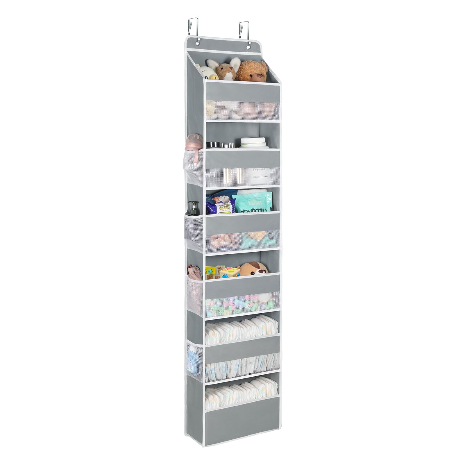 Univivi Over The Door Organiser, 6-Shelf Hanging Storage Pockets, Back Door Storage with Perspective Grids and 8 Side Mesh Pockets, Behind Door Organiser for Bedroom Living Room (Grey)