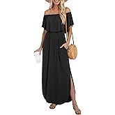 LILBETTER Womens Off The Shoulder Ruffle Party Dresses Side Split Beach Maxi Dress