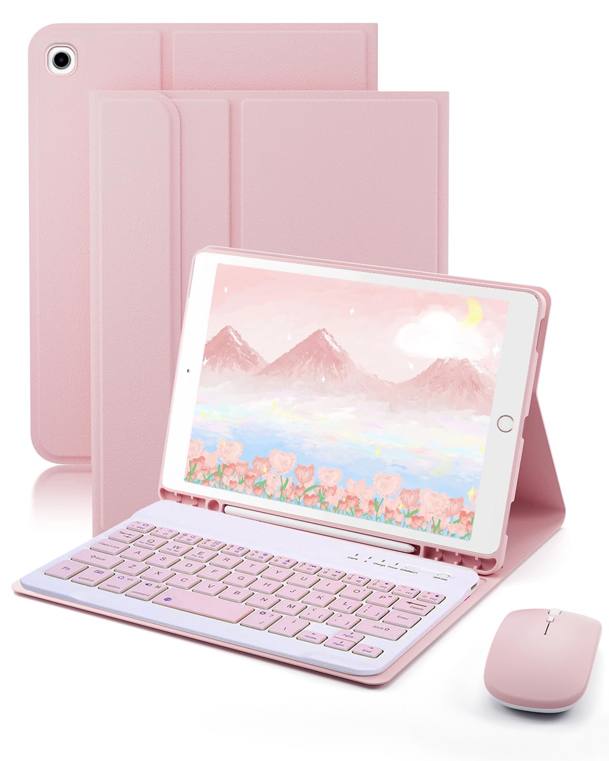 Photo 1 of TUNKARMOR Keyboard Case for iPad mini 5 & Mini 4 7.9 inch - with Mouse and Magnetically Keyboard, Case with Pencil Holder for iPad mini 5th / 4th Generation, Auto Sleep/Wake, Pink