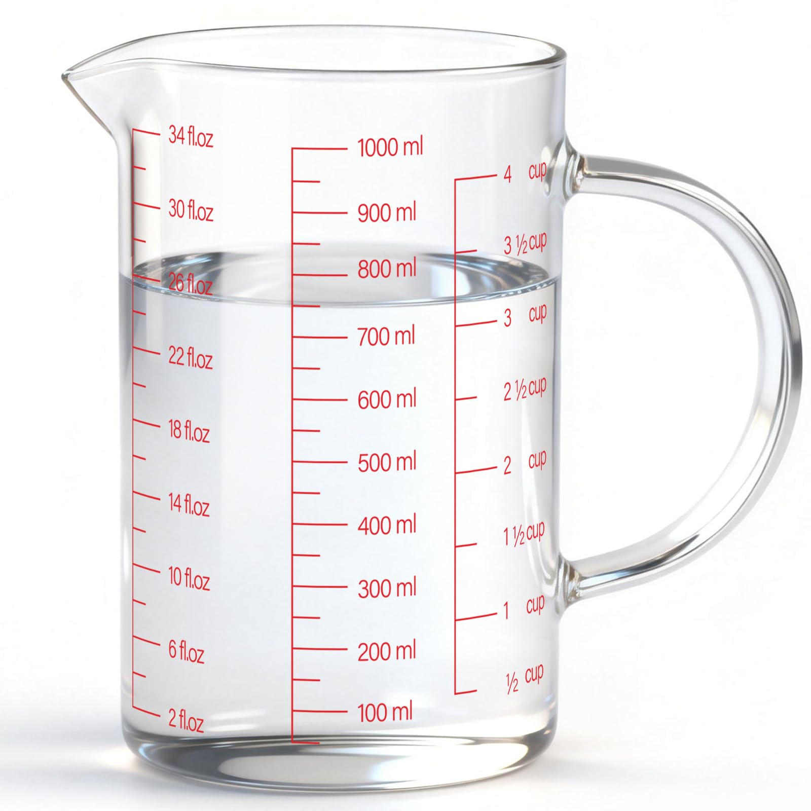 Luvan Glass Measuring Jug (1L, 4 Cup) for Kitchen or Restaurant, High Borosilica Material,Easy to Read
