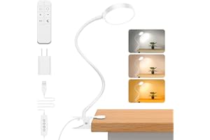 Reading Light with Remote, LED Desk Lamp Clip on [1H Timer & Nightlight] RA>95 Dimmable Silicone Flexible Arm, USB Reading La