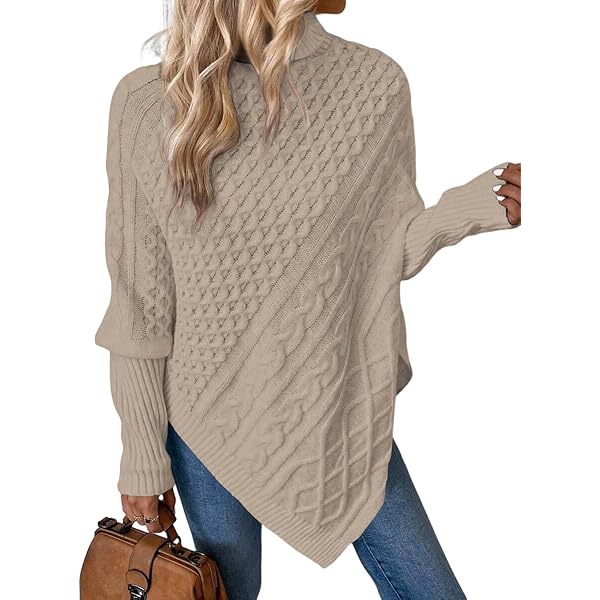 CEASIKERY Poncho voor dames met franjes, lange gebreide jas, gebreide trui, mantel, lichtgrijs, M