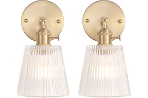 Shenmoyl Vintage Wall Sconces Set of 2 with Transparent Stripe Glass Lampshade 180 Degree Adjustable Brass Sconces Hradwired Modern Wall Lighting Fixture with Switch for Bedside Bedroom Doorway