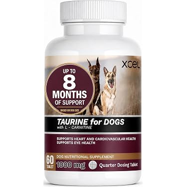 XCEL Taurine for Dogs 1000 mg Supplement with L-Carnitine, Quarter Scored Tablets (250 mg Split), Up to 240 Servings, Supports Heart, Eye & Energy Health
