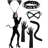 Cat Costume Accessories for Women, Cat Ears Headband Tail Mask Necklace and Gloves Outfit Set Halloween Costume Accessories