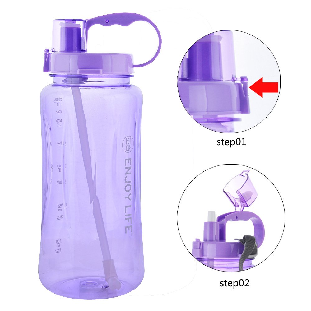 GTI 2L Large Capacity Sports Water Bottle, BPA Free 2 Liter 68 oz Wide Mouth Portable Big Plastic Bottle Leak Proof Space Cup Travel Mugs with Scale Straw Strap