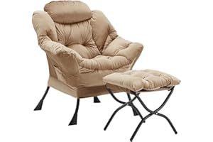 Youtanic Lazy Chair with Folding Ottoman, Accent Chair Velvet Upholstered with Metal Structure and Non-Slip Pads, Sofa Armchair with Footrest and Side Storage Bag for Dorm, Room, Office, Khaki