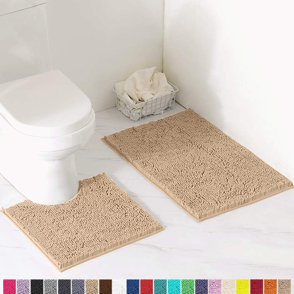 LuxUrux Bathroom Rugs Luxury Chenille 2-Piece Bath Mat Set, Soft Plush Anti-Slip Bath Rug +Toilet Mat.1'' Microfiber Shaggy Carpet, Super Absorbent (Curved Set Small, Light Grey): Kitchen & Dining