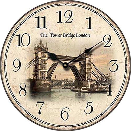 Yung Jo 10" Vintage Rustic French Country Style ,London Tower Bridge Pattern ,Arabic Numerals Design Wooden Round Decorative Wall Clock (London Bridge) …