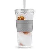 GALVANOX Freezable Iced Coffee Cup with Lid and Straw - Reusable Insulated Ice Tumbler with Grip Sleeve (20oz)