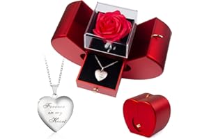 SOVIUPRZ Preserved Rose in A Box Forever Red Roses Heart Box to My Love Eternal Flower Box for Her Girlfriend Wife Mom Preserved Roses with Custom Photo Necklace Cherish These
