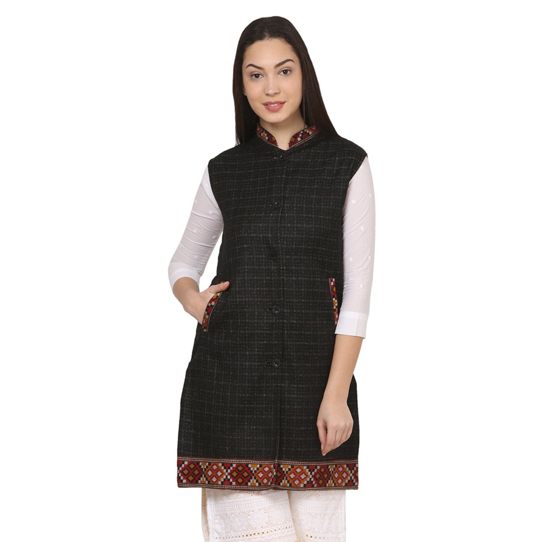 vastraa fusion kullu woolen winter wear long jacket for women - available in various size and color options