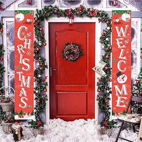 Directtyteam Christmas Porch Sign, Welcome and Christmas - Xmas Hanging Christmas Banners for Holiday Home Indoor Outdoor Porch Wall Door Curtain Decoration