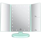 Flymiro Tri-fold Lighted Vanity Makeup Mirror with 3x/2x Magnification,21 LEDs Light and Touch Screen,180 Degree Free Rotation Countertop Cosmetic Mirror,Travel (Green)