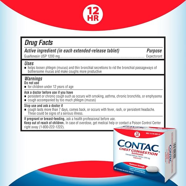 CONTAC CHEST CONGESTION, MAXIMUM STRENGTH EXPECTORANT CONTROLS COUGH AND THINS AND LOOSENS MUCUS, EXTENDED RELEASE TABLETS, GUAIFENESIN 1200 MG, EXTENDED RELEASE TABLETS, 21 COUNT